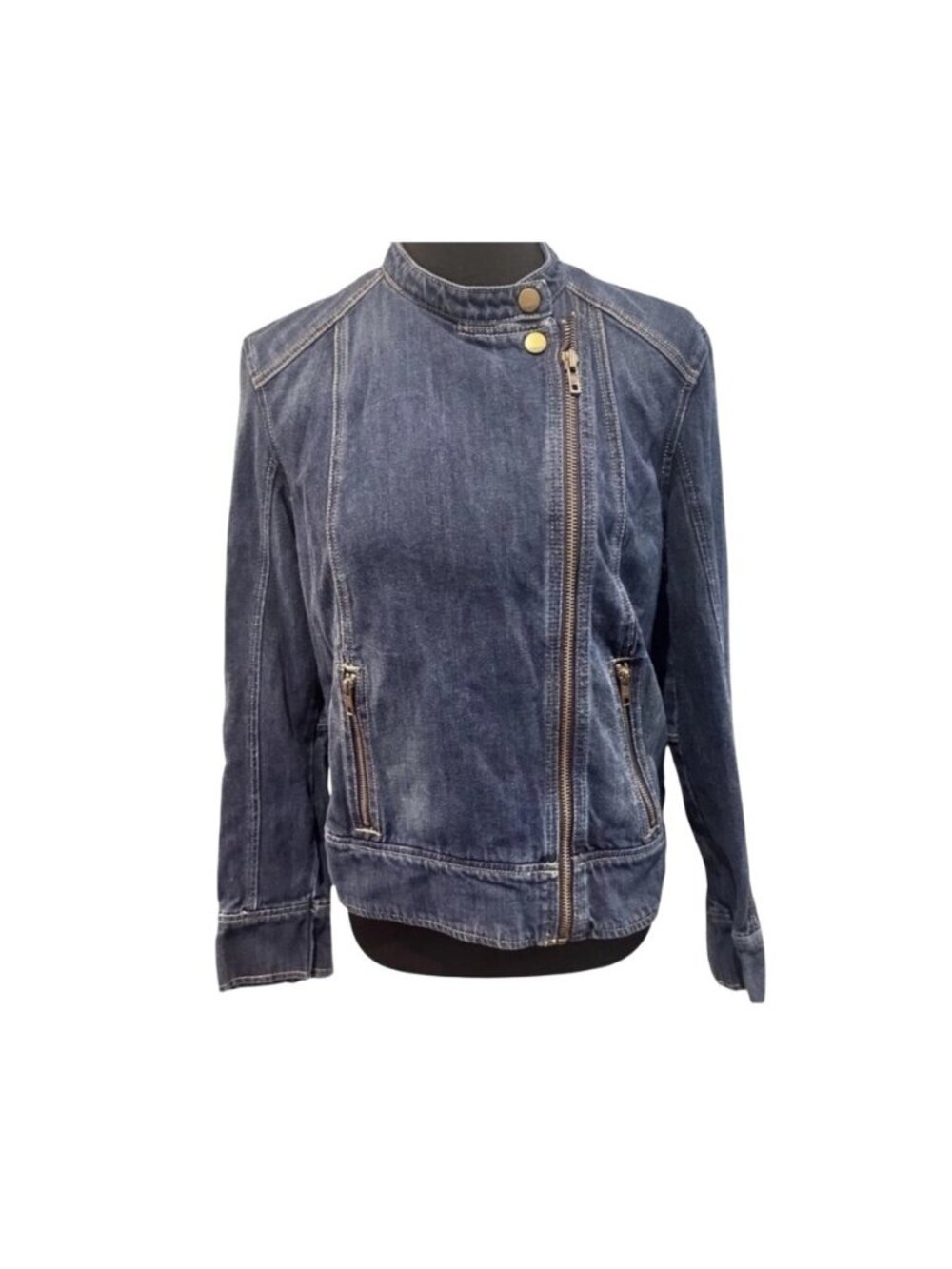 Gap 1969 Denim Moto Jacket Womens M Blue Asymmetrical Zip Biker Style Pockets